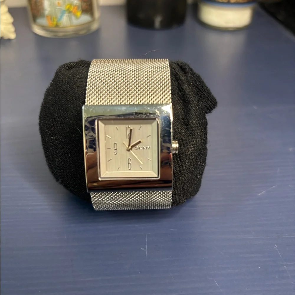 DKNY Silver Rectangular Mesh Watch Minimalist Design